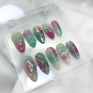 Uñas postizas con lazo Y2K: uñas de gel acrílico falso hechas a mano