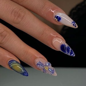 3D Flower French Press On Nails: Handmade Faux Acrylic Gel Nails