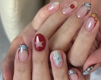 Colorful Graffiti Cherry Star Press On Nails: Handmade Faux Acrylic Gel Nails