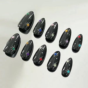 schwarze silberne Stern Nägel/handbemalte Nägel/ ArgyleFake Nägel/ Handgemachte Press on Nails/Faux Acrylnägel