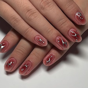 ombre red silver y2k nails// custom press on nails/ hand made Press on Nails/Faux Acrylic Nails/ Gel Nails/Press on Nails