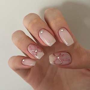 Pink Bowknot Press On Nails: Handmade Faux Acrylic Gel Nails