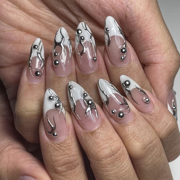 Silver Liner French Press On Nails: 3D Gel Faux Acrylic Nails