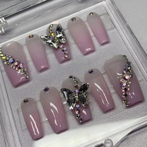 Ombre Pink Butterfly Crystal Press On Nails: Handmade Faux Acrylic Gel Nails