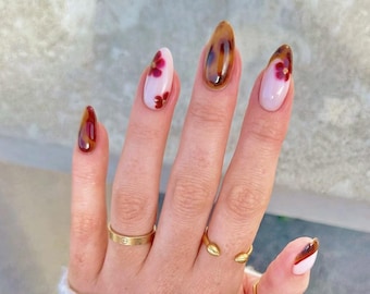 Brown Marble Flower Press On Nails: French Tip Faux Acrylic Nails