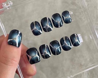 オンブレブラックシルバープレスオンネイル：手作りフェイクアクリルジェルネイル