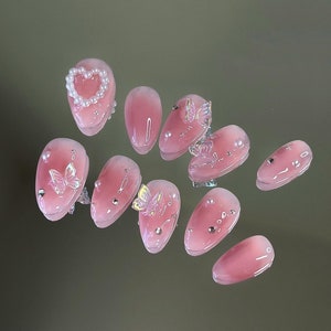 Pink Butterfly Press On Nails: Handmade Faux Acrylic Gel Nails