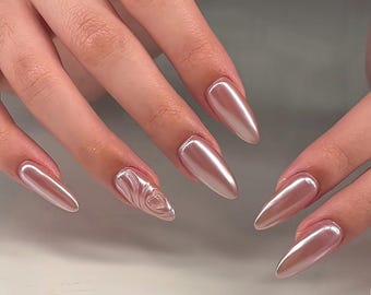 Uñas postizas de corazón 3D en cromo rosa: uñas de gel acrílico de imitación hechas a mano