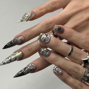 Y2K Black Chrome Press On Nails: Handmade Faux Acrylic Gel Nails