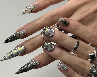 Y2K Black Chrome Press On Nails: Handgemachte künstliche Acrylgelnägel
