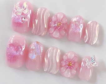 Pink 3D Flower Butterfly Press On Nails: Handmade Faux Acrylic Gel Nails