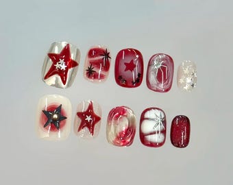 red and silver chrome star press On Nails: y2k style custom Nails