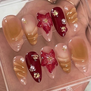 3d flower hand painted nails/ custom press on nails/ hand made Press on Nails/Faux Acrylic Nails/ Gel Nails/Press on Nails
