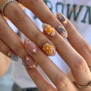 3D Flower Hand-Painted Press On Nails: Custom Gel Acrylic Nails