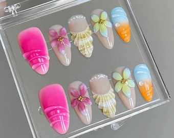 3D Flower Seashell Press On Nails: Summer Gel Faux Acrylic
