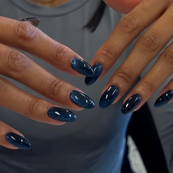 dark blue Cat Eye Press On Nails: Handmade Faux Acrylic Gel Nails