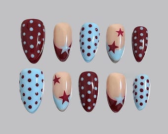Polka Dot Star Press On Nails: Handmade Faux Acrylic Gel Nails