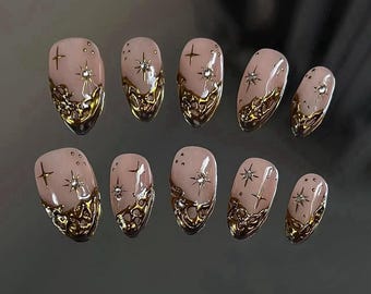 3D Gold Star Press On Nails: Y2K Hand-Painted Chrome Acrylic Nails