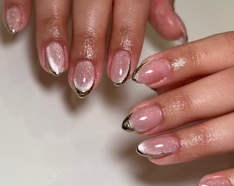 Chrome French Cat Eye Press On Nails: Handmade Faux Acrylic Gel Nails
