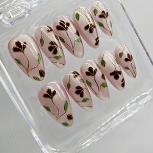 hand painted flower nails/ custom press on nails/ hand made Press on Nails/Faux Acrylic Nails/ Gel Nails/Press on Nails