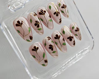 Hand-Painted Floral Press On Nails: Custom Gel Faux Acrylic Nails