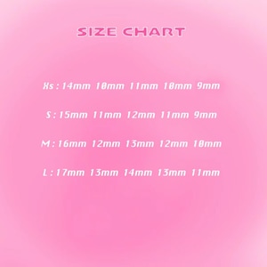 May include: A pink background with a white text overlay that reads "SIZE CHART." Below the title are size measurements in millimeters for XS, S, M, and L sizes. The measurements are listed in a vertical format.