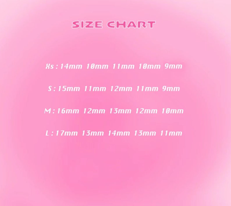 May include: A pink background with a white text overlay that reads "SIZE CHART." Below the title are size measurements in millimeters for XS, S, M, and L sizes. The measurements are listed in a vertical format.