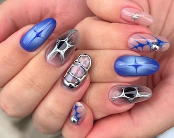 Y2K Blue Silver Star Press On Nails: Handmade Faux Acrylic Gel Nails