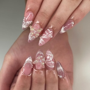Glitter Pink Butterfly Press On Nails: Handmade Faux Acrylic Gel Nails