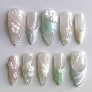 3d flower hand painted nails/ custom press on nails/ hand made Press on Nails/Faux Acrylic Nails/ Gel Nails/Press on Nails