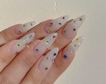 Milky White Glitter Press On Nails: Hand-Painted Argyle, Faux Acrylic