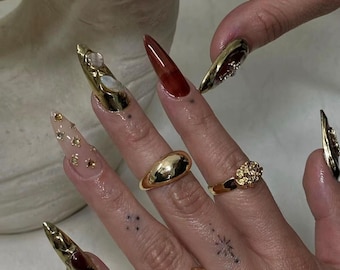 Gold Chrome Hand-Painted Press On Nails: Custom Faux Acrylic Gel Nails