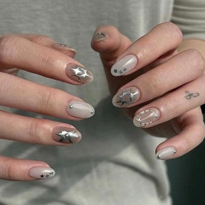 ombre black silver star nails / hand painted nail /custom press on nails/ hand made Press on Nails/Faux Acrylic Nails/ y2k Nail