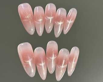 Unhas de gel estilo gatinho rosa ombré: unhas de gel acrílico artificiais feitas à mão