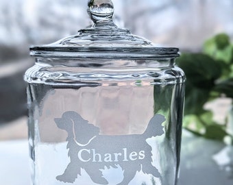 Custom Glass Dog Treat Jar, Cavalier King Charles Spaniel, Large dog treat container, pet name decor, gift for dog lover mom, dog mom gift