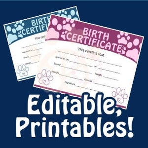 Afdrukbare geboorteakte puppy, nieuwe puppy, roze paars blauw, bewerkbare hondensjablonen voor hondenadoptie, reddingshond, pleeghonden, fokken