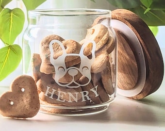 Custom Frenchie Treat Jar Glass Small Dog Snack Container, Dog food storage, French Bulldog Decor Canister, new puppy gift, rescue Dog Mom