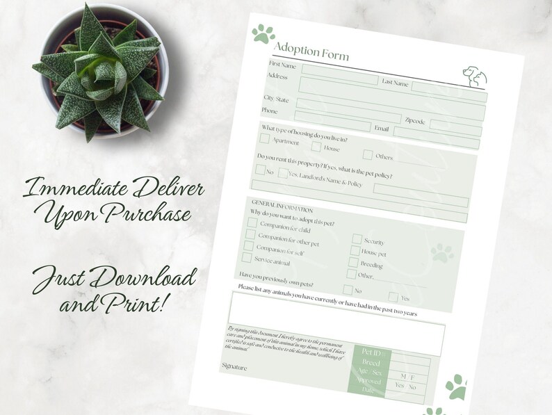 Printable Pet Adoption Form Animal Adoption Printable Download - Etsy
