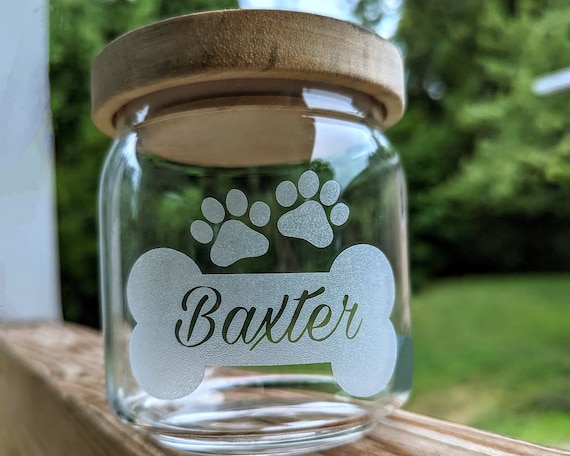 Personalized Glass small dog bone, Treat Jar with lid, Custom Dog food container, Dog Decor, Treat Canister, new puppy gift, rescue Dog Mom