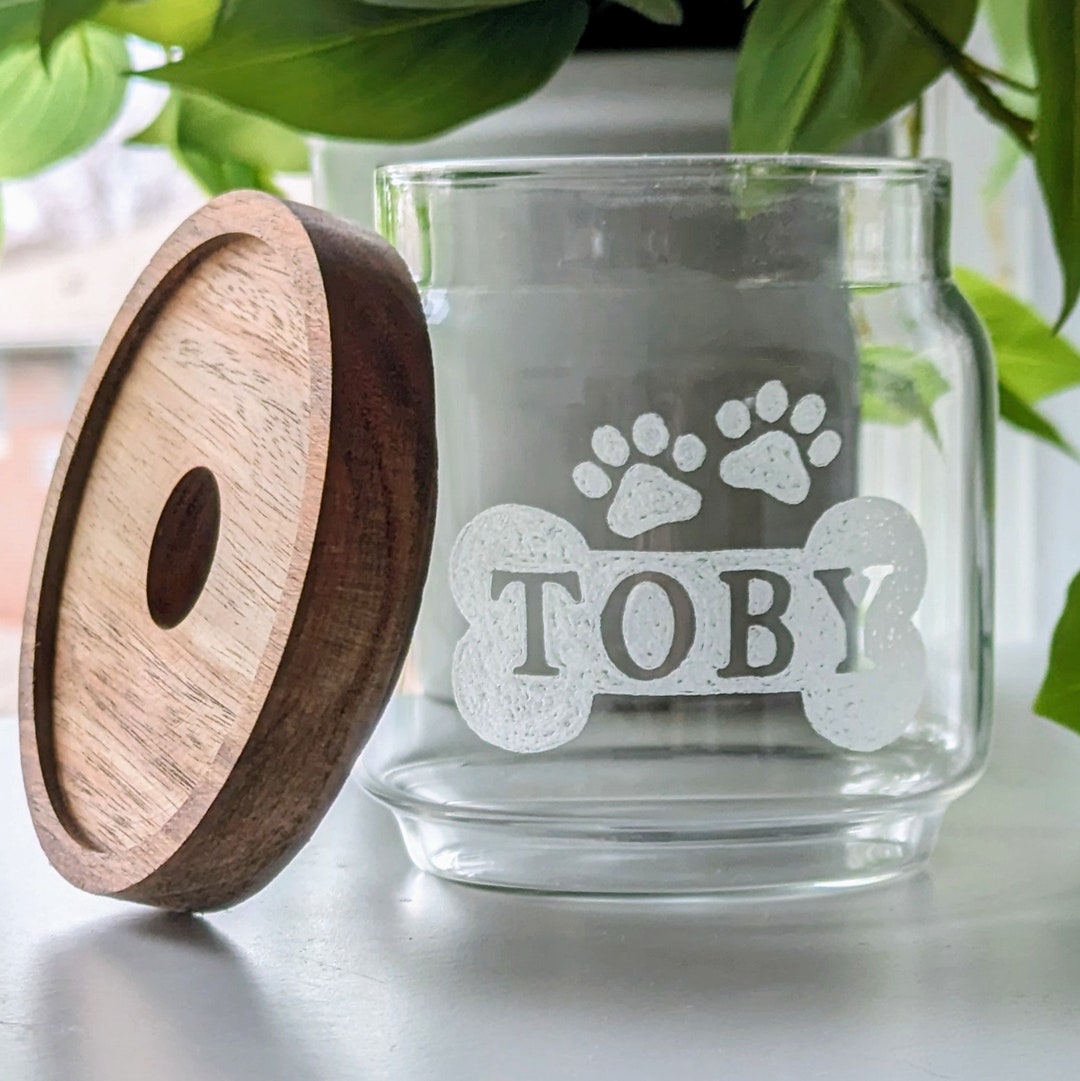 Personalized Glass Small Dog Bone, Treat Jar With Lid, Custom Dog Food