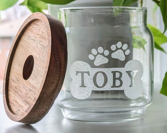Personalized Glass small dog bone, Treat Jar with lid, Custom Dog food container, Dog Decor, Treat Canister, new puppy gift, rescue Dog Mom