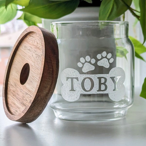 Personalized Glass small dog bone, Treat Jar with lid, Custom Dog food container, Dog Decor, Treat Canister, new puppy gift, rescue Dog Mom
