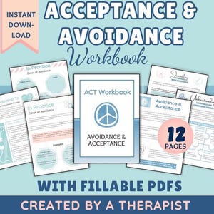 Può includere: Un quaderno di lavoro intitolato "Acceptance & Avoidance Workbook" con il testo "ACT Workbook" e "Avoidance & Acceptance" sulla copertina. Il quaderno di lavoro ha 12 pagine e include PDF compilabili. È stato creato da un terapeuta.