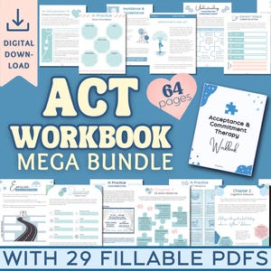 May include: A digital download of an Acceptance and Commitment Therapy (ACT) Workbook Mega Bundle. The workbook has 64 pages and includes 29 fillable PDFs. The cover features a pink heart with the text "64 pages" and a blue puzzle piece with the text "Acceptance & Commitment Therapy Workbook".