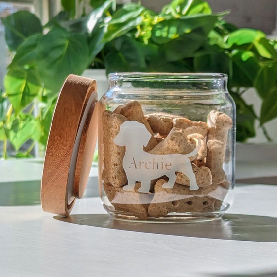 Personalized Dachshund Treat Jar glass with lid, Custom Dog food container, Dog Decor, Treat Canister, new puppy gift, rescue Dog Mom