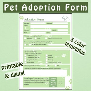 Printable Pet Adoption Form Animal Adoption Printable Download Pet ...
