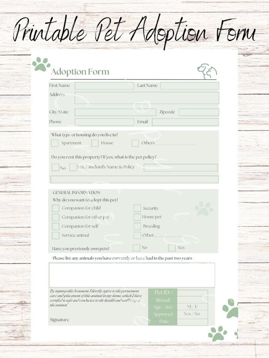 Printable Pet Adoption Form Animal Adoption Printable Download Pet