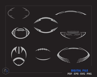 May include: Set of nine gray and white football silhouettes. The footballs are in various positions and styles, including a traditional football shape, a football with a lightning bolt design, and a football with a striped design.