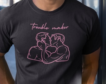 Tshirt Gay Club Men Kissing Shirt for Gay Pink Kissing T-shirt for Gay Pride T Shirt for Gay Club Pride Trouble Maker Shirt with Men Kissing