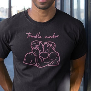 Tshirt Gay Club Men Kissing Shirt for Gay Pink Kissing T-shirt for Gay Pride T Shirt for Gay Club Pride Trouble Maker Shirt with Men Kissing